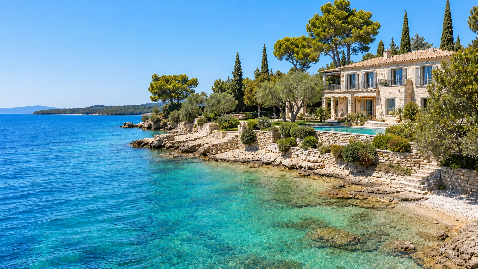 Luxury villa with private pool on the Greek coast overlooking the Aegean Sea